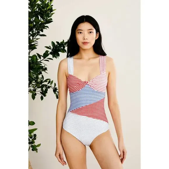 Marysia Sagaponack Multi Gingham Check Red Blue Twist Front One Piece Swimsuit - Picture 2 of 7